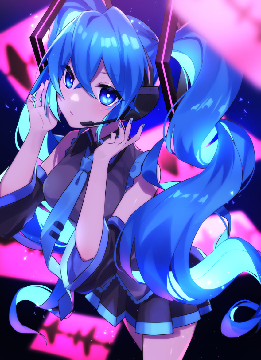 1girl, black_background, blue_background, blue_eyes, blue_hair, blush, closed_mouth, hands_on_headphones, hatsune_miku, headphones, hibikase_(vocaloid), highres, long_hair, looking_at_viewer, multicolored_background, nail_polish, pink_background, solo, soramame_pikuto, twintails, vocaloid