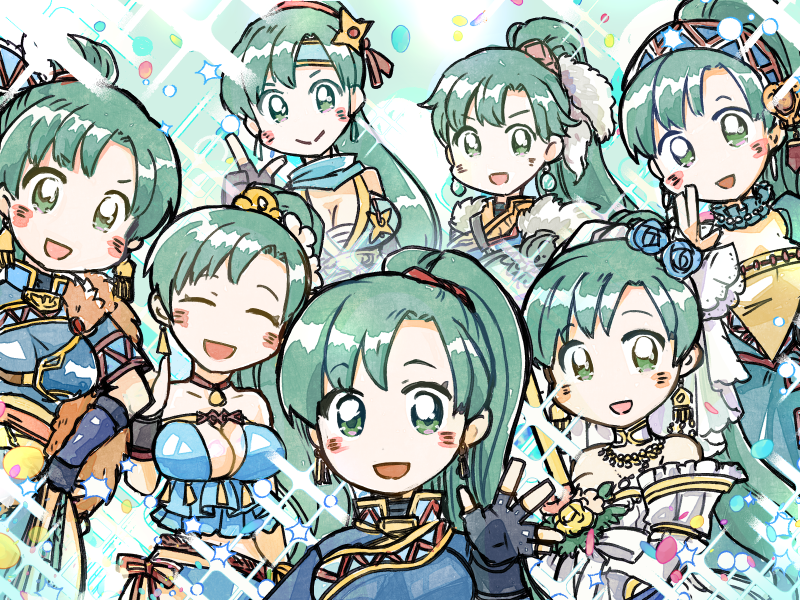 6+girls, alternate_costume, blush, breasts, chest_sarashi, cleavage, closed_eyes, dress, earrings, fingerless_gloves, fire_emblem, fire_emblem:_the_blazing_blade, fire_emblem_heroes, gloves, green_eyes, green_hair, jewelry, large_breasts, lyn_(brave_lady)_(fire_emblem), lyn_(bride_of_the_plains)_(fire_emblem), lyn_(fire_emblem), lyn_(lady_of_the_beach)_(fire_emblem), lyn_(ninja)_(fire_emblem), multiple_girls, nintendo, ponytail, sakusaku7r, sarashi, shuriken_hair_ornament, waving, wedding_dress