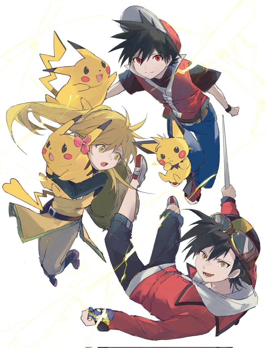 1girl, 2boys, backwards_hat, belt, belt_buckle, black_hair, black_pants, black_shirt