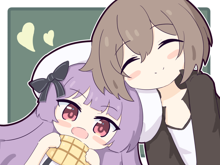 2girls, ^_^, aged_down, bad_id, bad_pixiv_id, beret, blush_stickers, border