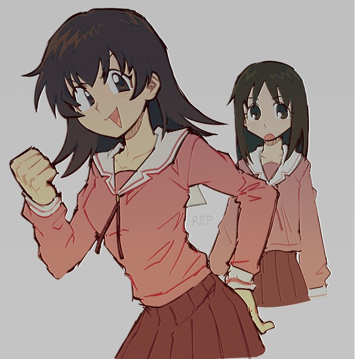 2girls, azumanga_daioh's_school_uniform, azumanga_daiou, brown_eyes, brown_hair, clenched_hand, collarbone, cropped_legs, grey_background, hand_up, kasuga_ayumu, long_hair, long_sleeves, looking_at_viewer, medium_hair, multiple_girls, neck_ribbon, open_mouth, pink_shirt, pleated_skirt, red_ribbon, red_skirt, reptacular, ribbon, sailor_collar, school_uniform, serafuku, shirt, simple_background, skirt, smile, takino_tomo, tongue, v-shaped_eyebrows, white_sailor_collar
