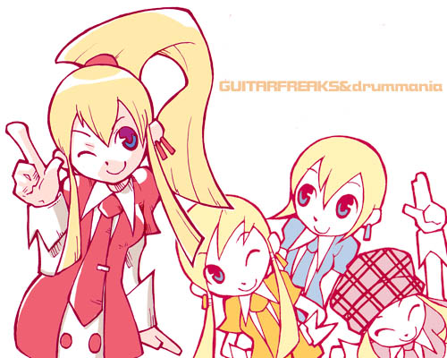 00s, 4girls, ^_^, bemani, blonde_hair, closed_eyes, copyright_name, gitadora