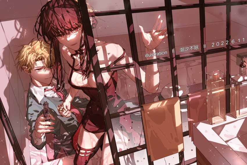 1boy, 1girl, bathroom, bathtub, black_dress, black_thighhighs, chaoxibumian, dress