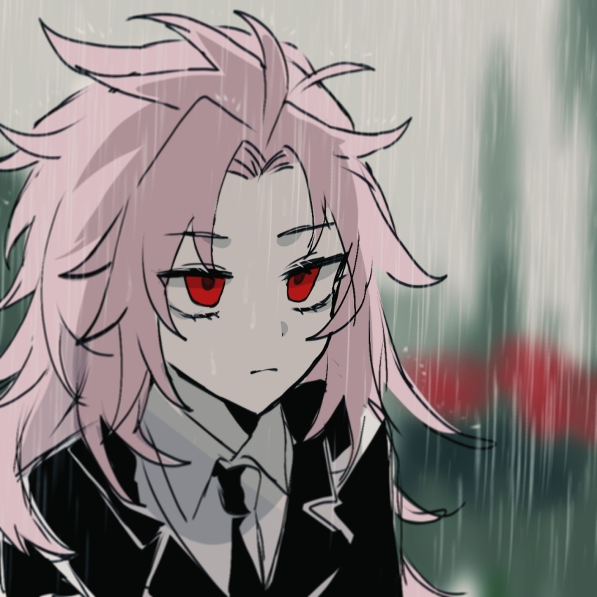 1boy, black_jacket, closed_mouth, collared_shirt, formal_clothes, hair_intakes, haoxiangshuijuea10323, hatsutori_hajime, highres, jacket, long_hair, male_focus, necktie, outdoors, pink_hair, rain, red_eyes, red_pupils, saibou_shinkyoku, shirt, solo, suit, suit_jacket, untranslatable_commentary, white_shirt