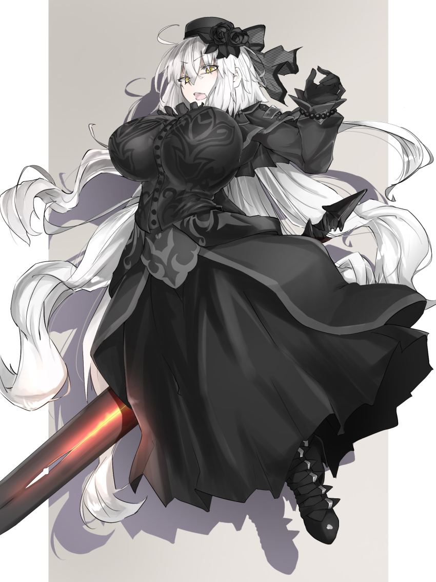 1girl, absurdly_long_hair, black_capelet, black_dress, black_flower, black_headwear, black_rose, breasts, capelet, cosplay, dress, fate/grand_order, fate_(series), flower, full_body, highres, huge_breasts, jeanne_d'arc_(fate), jeanne_d'arc_alter_(fate), kriemhild_(fate), kriemhild_(fate)_(cosplay), kriemhild_(first_ascension)_(fate), long_hair, long_sleeves, looking_at_viewer, ri_o_ne_su, rose, solo, sword, veil, very_long_hair, weapon, white_hair, yellow_eyes