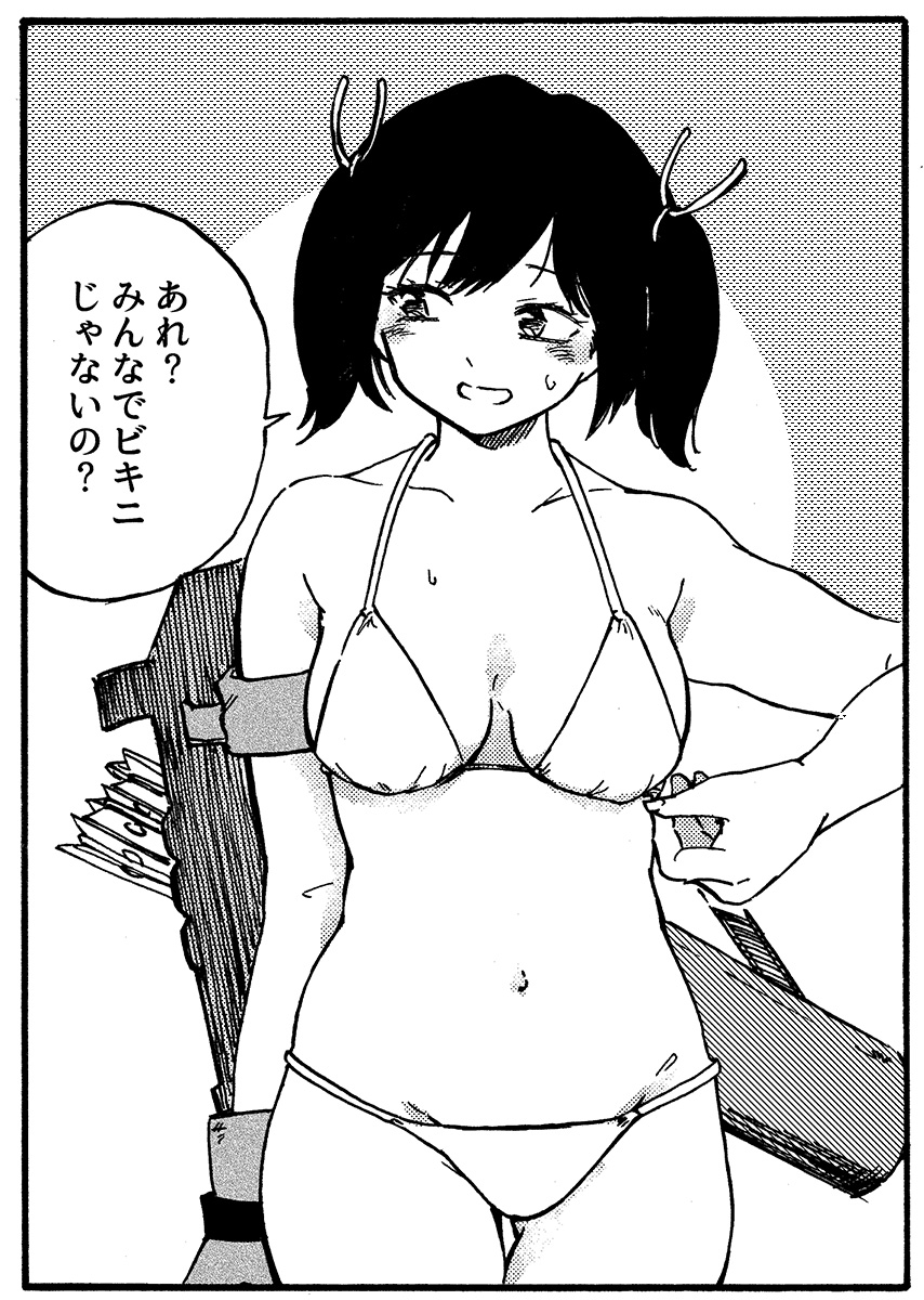 1girl, arrow_(projectile), bikini, breasts, collarbone, commentary_request, cowboy_shot, dodomori, gloves, greyscale, highres, kantai_collection, large_breasts, looking_to_the_side, lowleg, lowleg_bikini, medium_hair, monochrome, quiver, shield, single_glove, solo, souryuu_(kancolle), standing, swimsuit, thigh_gap, translation_request, twintails