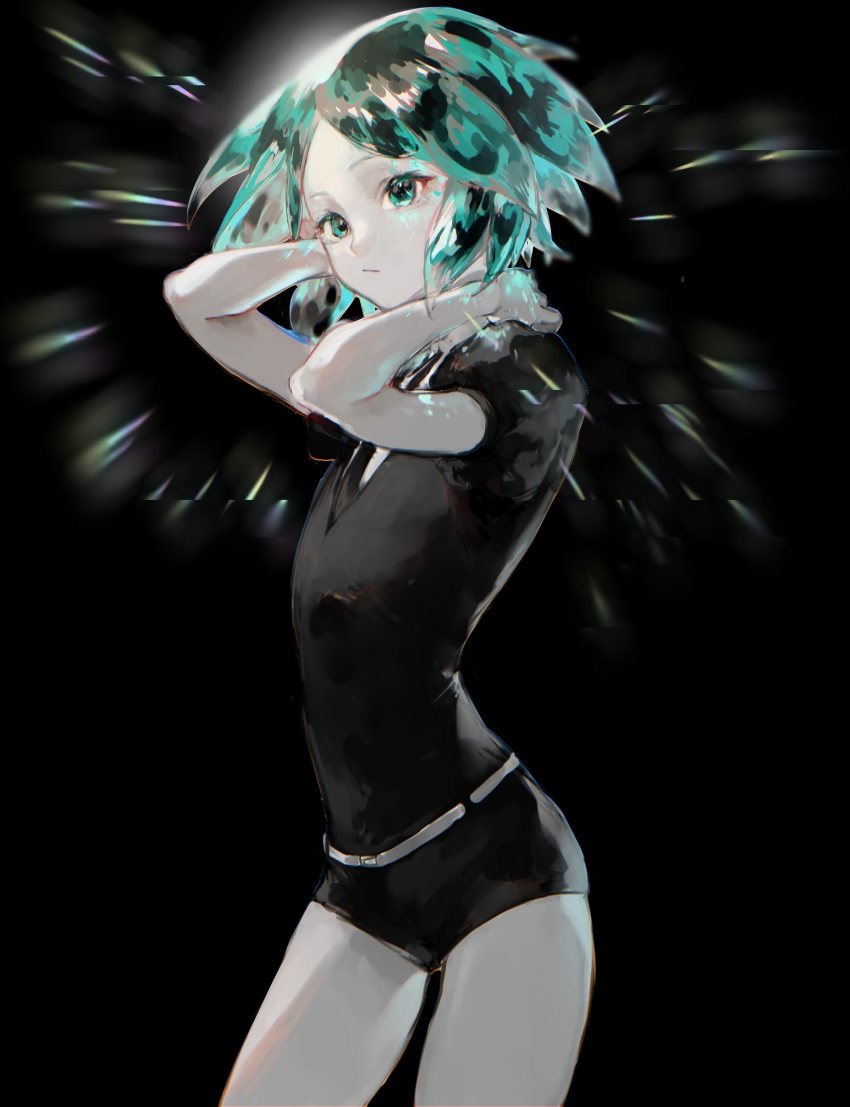 1other, akuta_vi, androgynous, aqua_eyes, aqua_hair, black_background, black_shorts, colored_skin