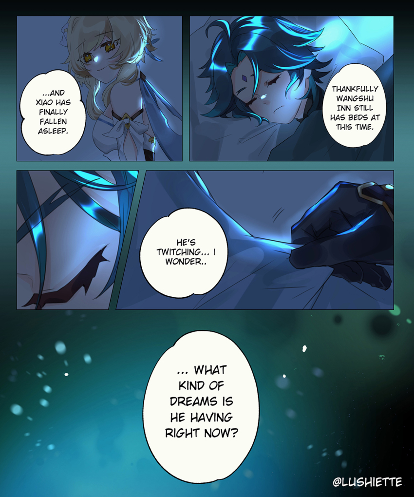 blonde_hair, blue_hair, english_text, genshin_impact, highres, lumine_(genshin_impact), lushiette, sleeping