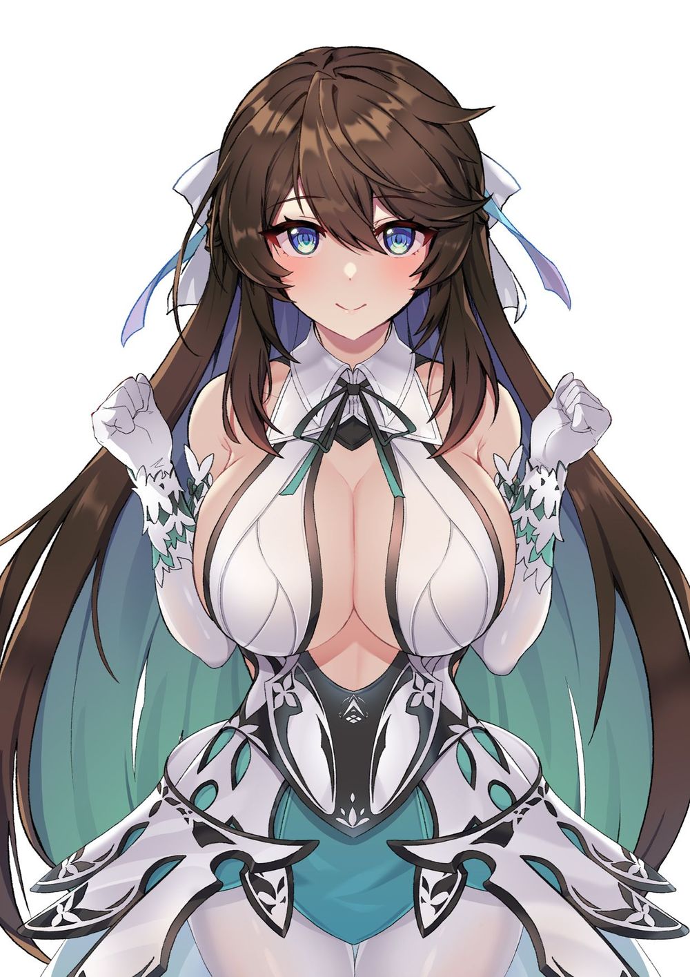 1girl, alternate_costume, bare_shoulders, blue_eyes, breasts, brown_hair, cleavage, counter:side