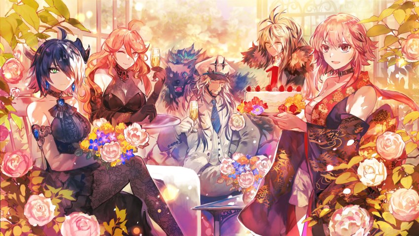 1boy, 4girls, ahoge, alchemy_stars, animal, bare_shoulders, black_gloves, black_legwear