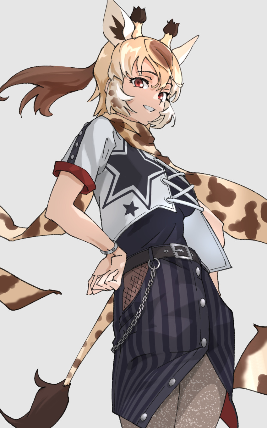 1girl, absurdres, animal_ears, animal_print, belt, blonde_hair, bracelet, brown_eyes