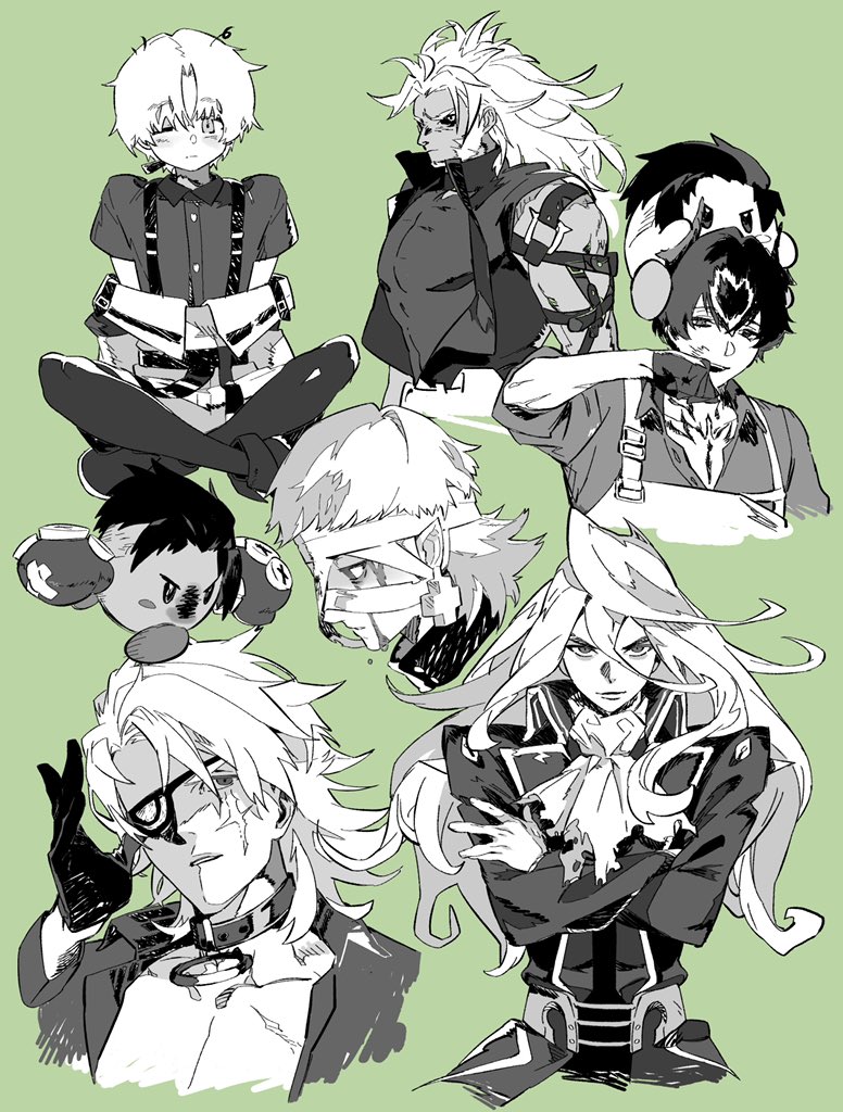 6+girls, alchemy_stars, ascot, bandaged_head, bandages, beard, belt, blood