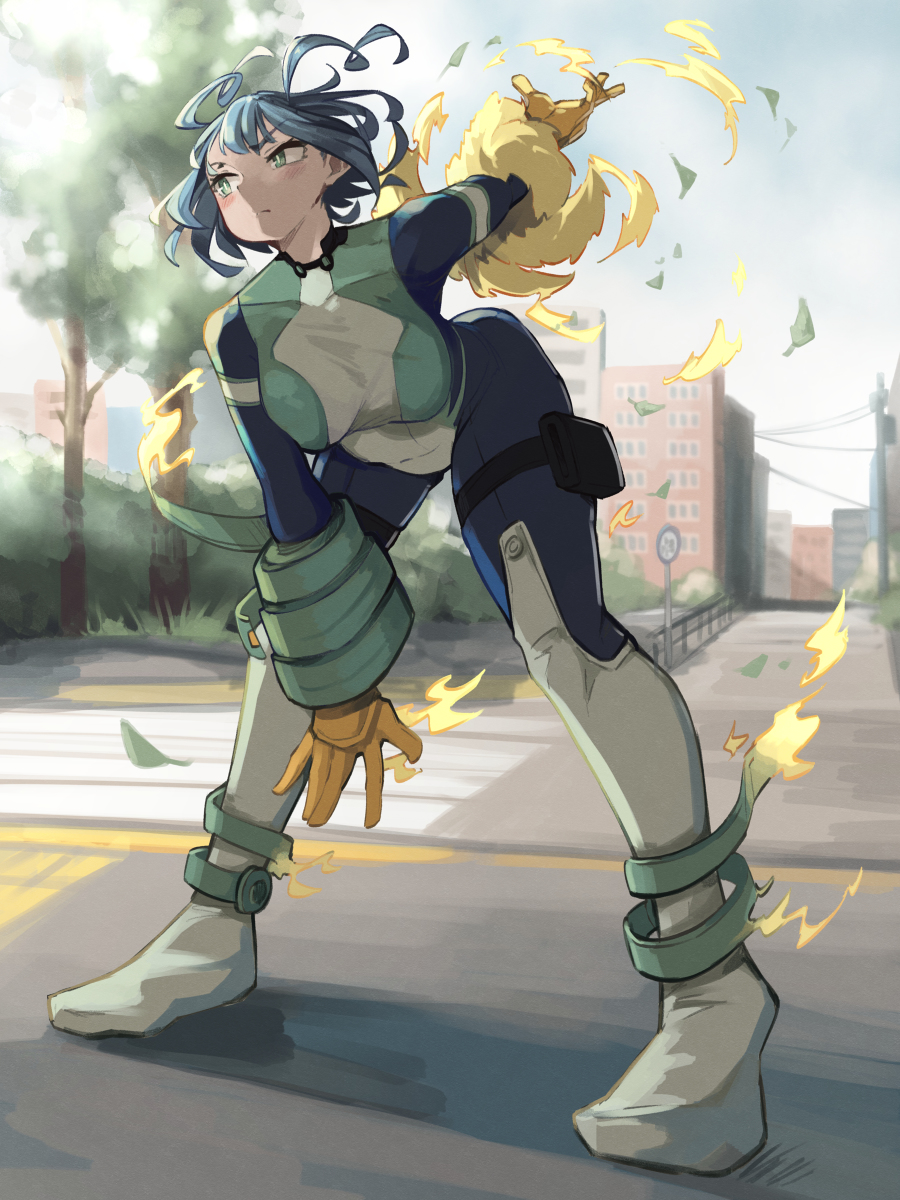 1girl, blue_eyes, blue_hair, blush, bodysuit, boku_no_hero_academia, breasts, hado_nejire