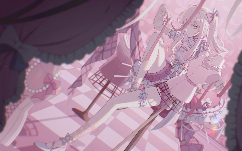 1other, akiyama_mizuki, ambiguous_gender, backlighting, bare_legs, bloomers, blurry, checkered_floor