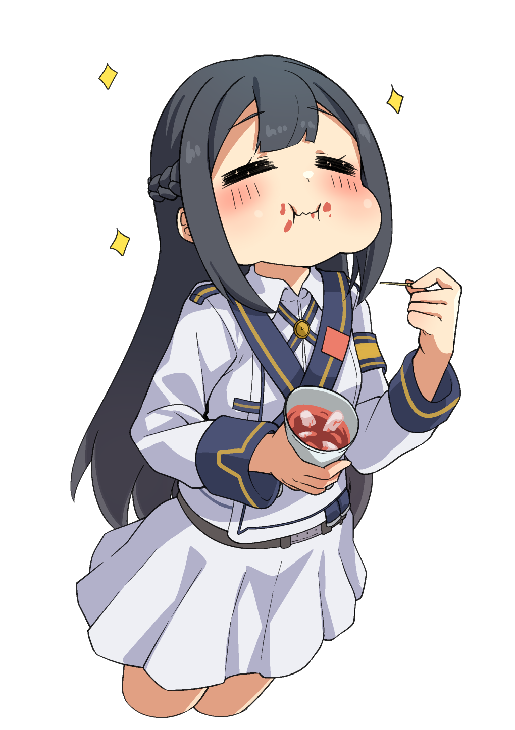 1girl, :i, =_=, ajidot, andvari_(last_origin), black_hair, blush, braid