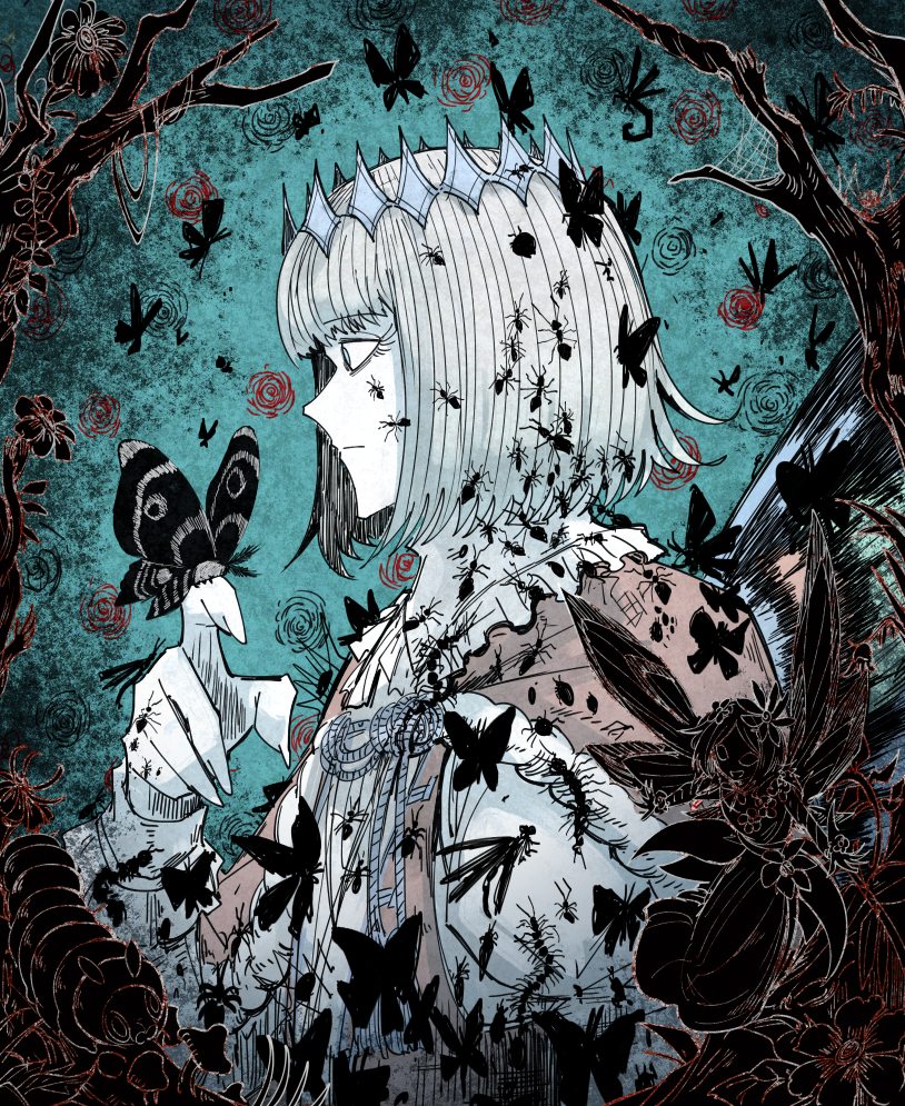 1boy, animal_request, ant, blue_eyes, branch, bug, butterfly, caterpillar, centipede, cloak, crown, dragonfly, expressionless, fairy, fairy_wings, fate/grand_order, fate_(series), fingernails, flower, from_side, grey_hair, insect, insect_on_chest, insect_on_finger, insect_on_hair, insect_on_head, kankan33333, male_focus, oberon_(fate), profile, sharp_fingernails, silk, spider_web, spoilers, wings