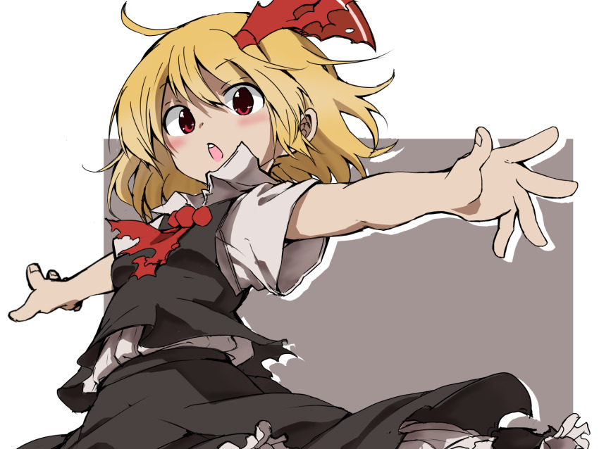 1girl, ahoge, arms_at_sides, ascot, black_skirt, black_vest, blonde_hair, blush