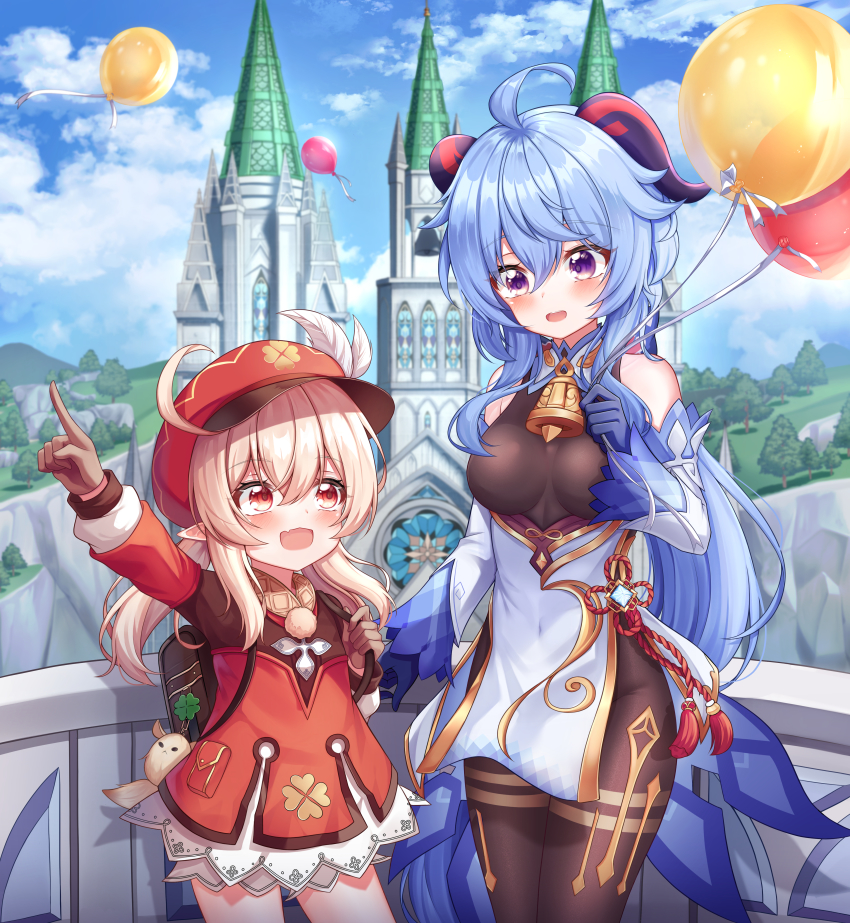 2girls, :d, absurdres, ahoge, apple_mango, backpack, bag, bag_charm