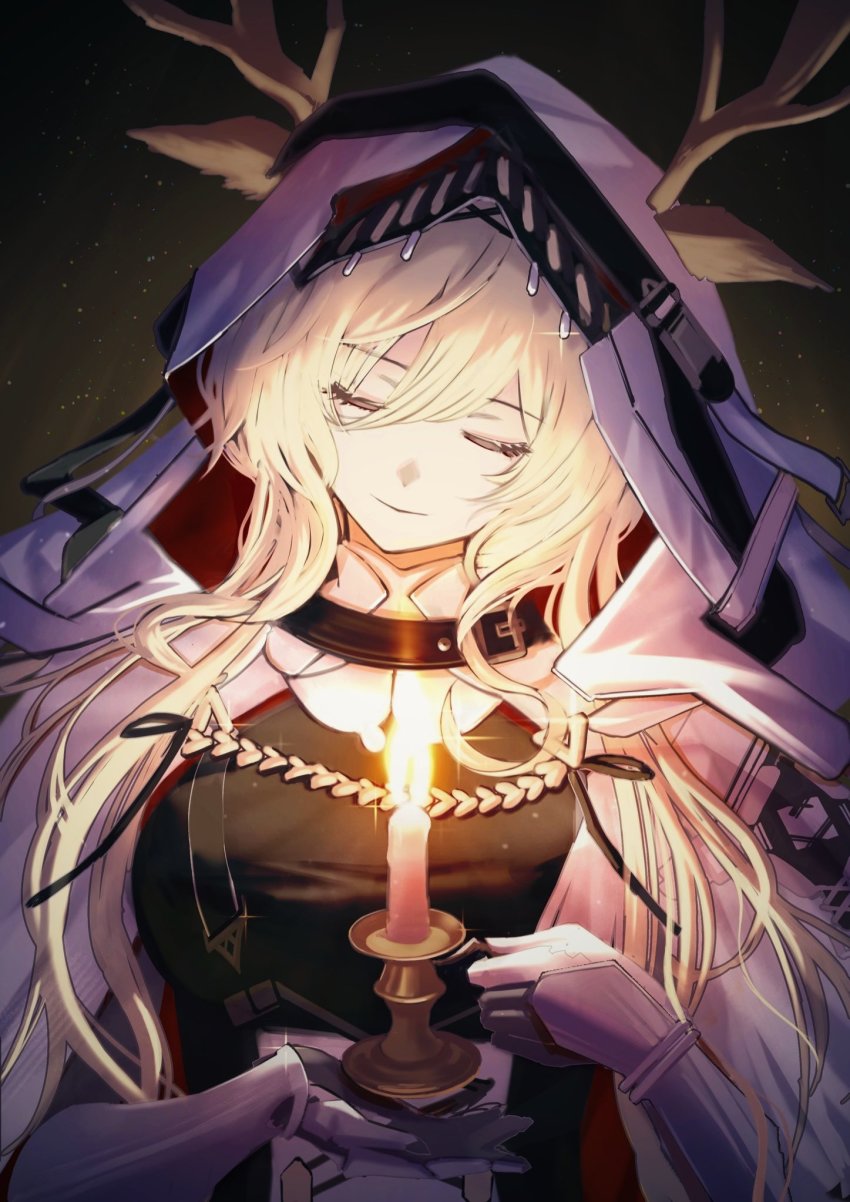 1girl, animal_ears, antlers, horns_through_headwear, arknights, black_dress, blonde_hair, breasts