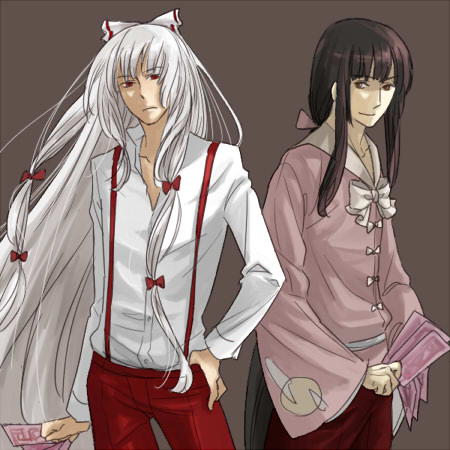 2boys, fujiwara_no_mokou, genderswap, genderswap_(ftm), hand_on_own_hip, hip_focus, houraisan_kaguya, kebin, kibin, long_hair, lowres, male_focus, multiple_boys, ofuda, ponytail, red_eyes, simple_background, smile, suspenders, touhou, wide_sleeves