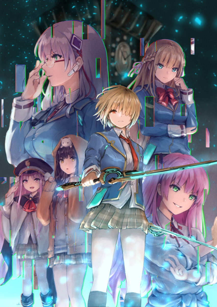 6+girls, absurdres, animal, animal_on_head, asakura_karen_(heaven_burns_red), blonde_hair, blue_eyes, blue_jacket