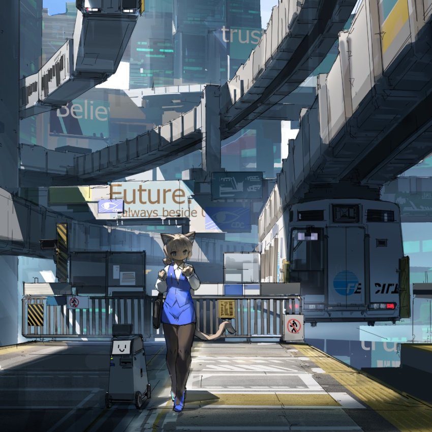 1girl, animal_ears, black_legwear, blue_footwear, blue_skirt, blue_vest, cat_ears, cat_girl