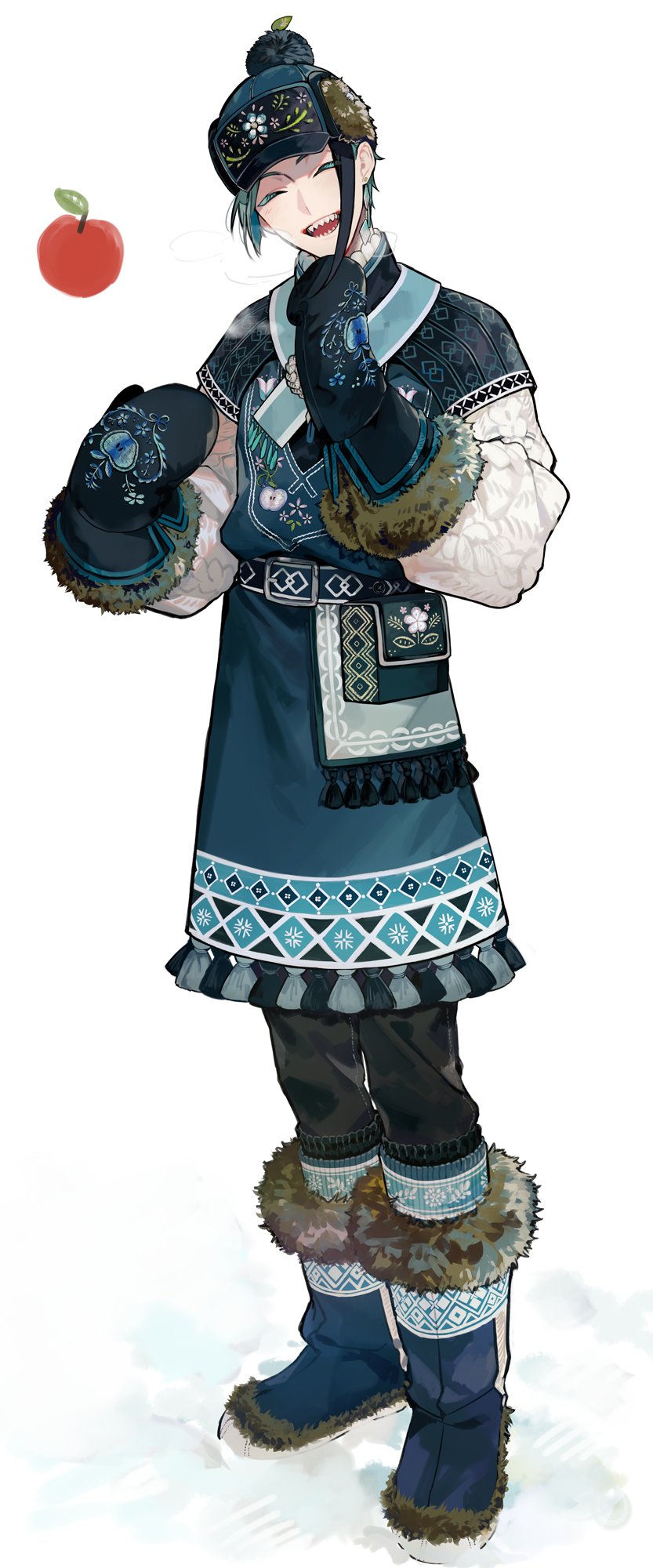 1boy, apple, apple_print, black_hair, black_pants, blue_boots, blue_hair, blue_hat, blue_tunic, boots, colored_eyelashes, diamond_(shape), earrings, embroidery, facing_viewer, food, food_print, footprints, fringe_trim, fruit, fruit_print, full_body, fur-trimmed_boots, fur-trimmed_sleeves, fur_hat, fur_trim, hands_up, hat, head_tilt, highres, jade_leech, jade_leech_(applepom), jewelry, laughing, layered_sleeves, long_sleeves, male_focus, mittens, multicolored_hair, open_mouth, outdoors, pants, pom_pom_(clothes), pouch, sharp_teeth, short_hair, short_hair_with_long_locks, short_over_long_sleeves, short_sleeves, single_earring, snow, solo, standing, streaked_hair, tassel, tatsuta_age, teeth, traditional_clothes, tunic, twisted_wonderland, white_background, winter_clothes