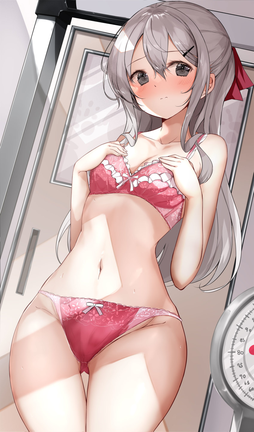 1girl, absurdres, bare_arms, bare_legs, blush, bra, breasts, cleavage