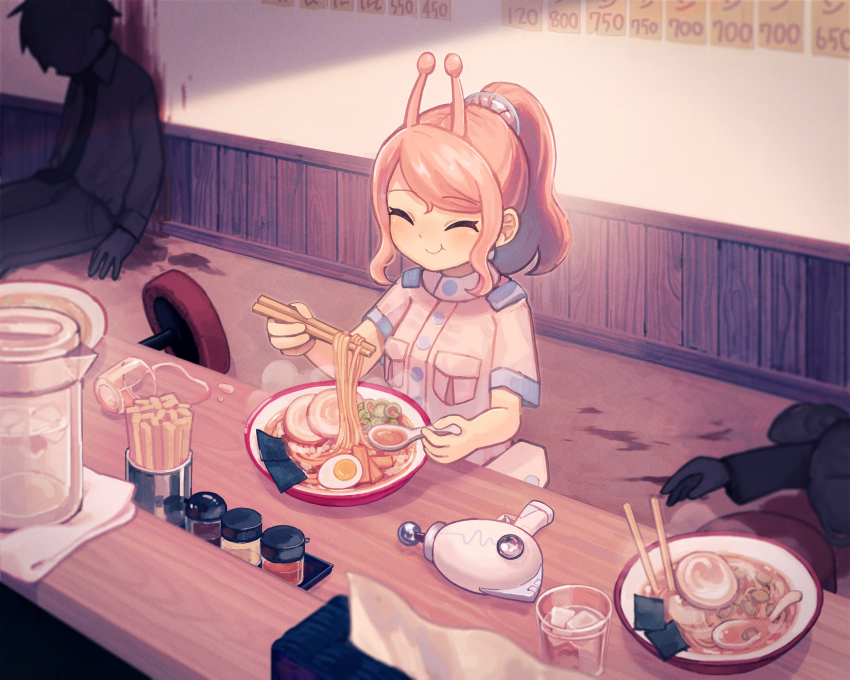 1girl, 2boys, :t, alcohol, alien, antennae, blood, blurry