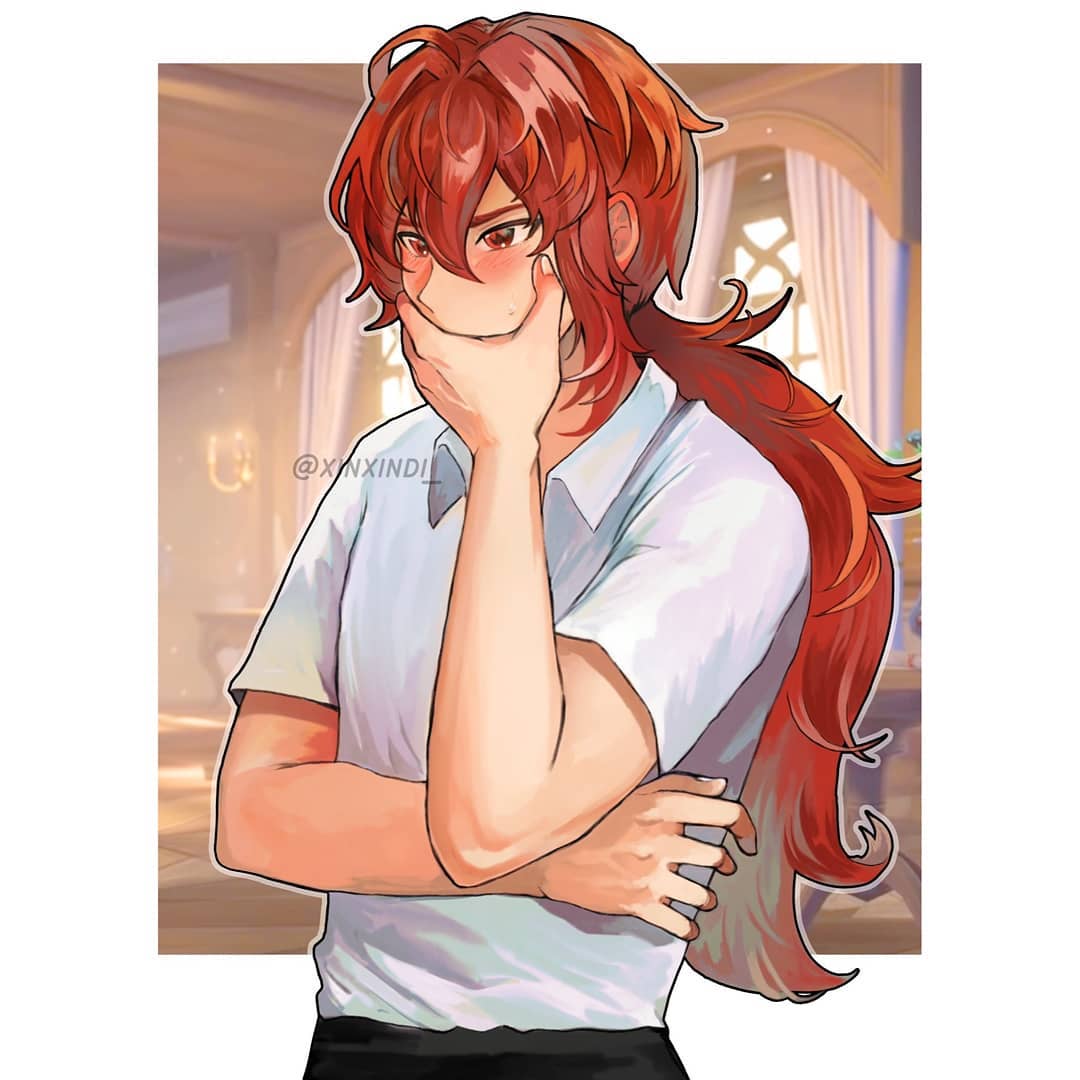 1boy, black_pants, blush, curtains, diluc_(genshin_impact), genshin_impact, long_hair, pants, ponytail, red_eyes, red_hair, shirt, twitter_username, very_long_hair, white_shirt, window, xindi