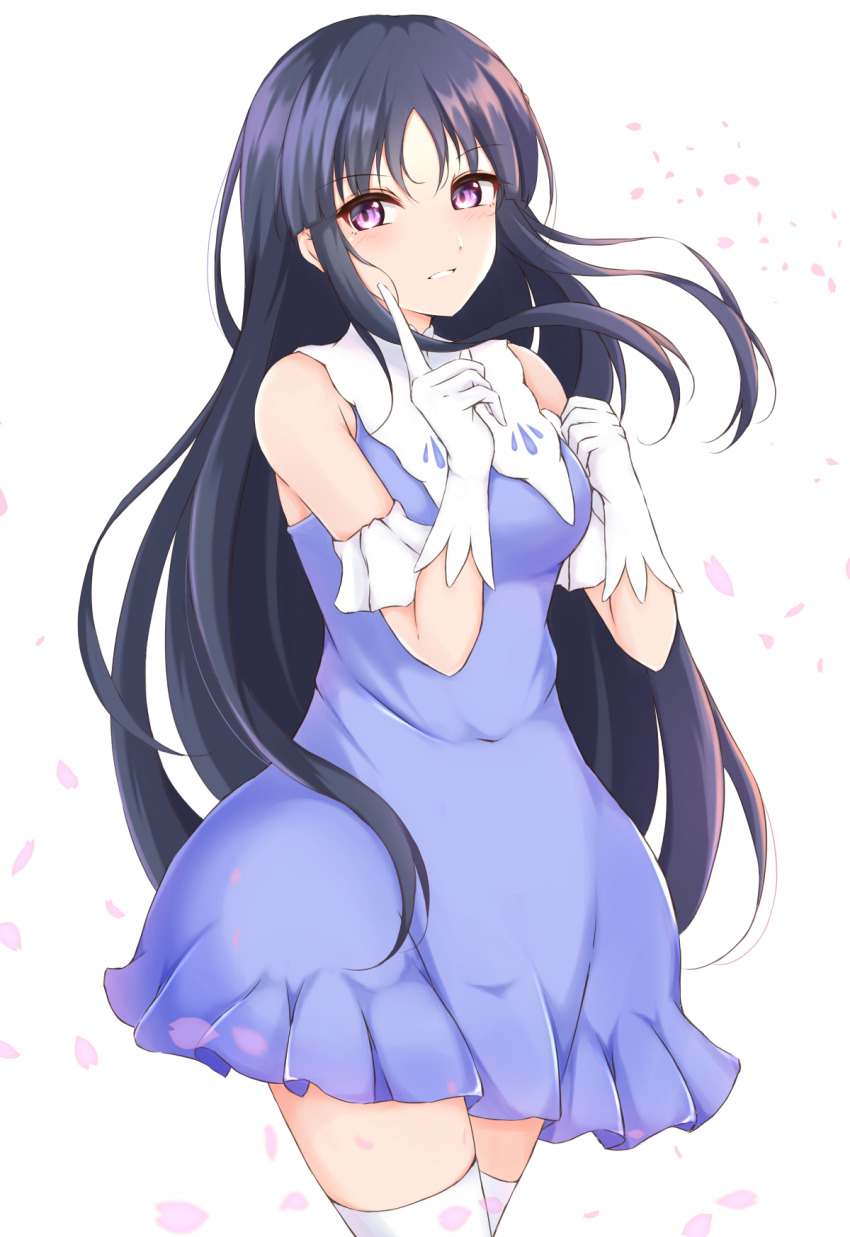1girl, 7-mzk, assault_lily, bare_shoulders, black_hair, blue_dress, blush, breasts, commentary_request, cowboy_shot, dress, falling_petals, floating_hair, frilled_dress, frills, gloves, hands_up, highres, index_finger_raised, long_hair, looking_at_viewer, medium_breasts, parted_lips, petals, purple_eyes, shirai_yuyu, short_dress, sidelocks, simple_background, sleeveless, sleeveless_dress, smile, solo, standing, thighhighs, very_long_hair, white_background, white_gloves, white_thighhighs