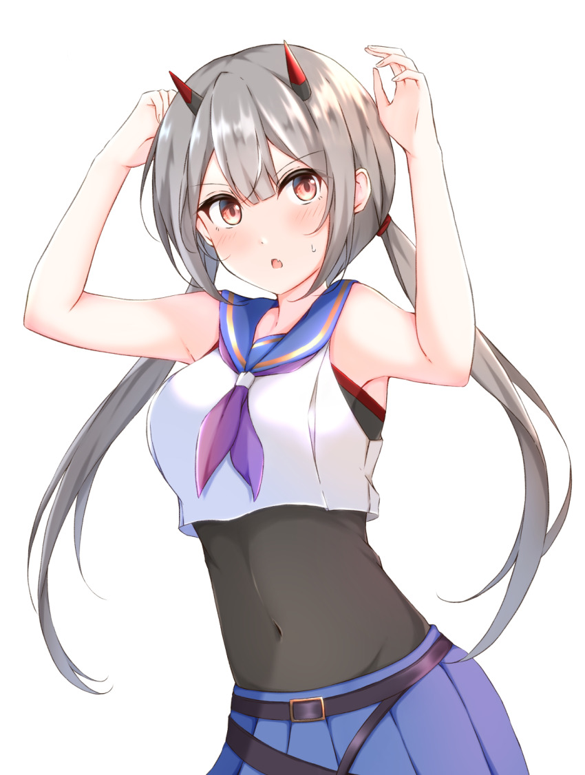 1girl, 7-mzk, arms_up, assault_lily, bare_arms, bare_shoulders, belt, belt_buckle