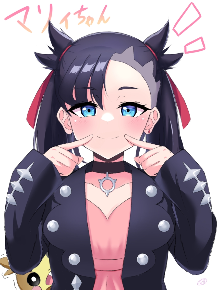 1girl, asymmetrical_bangs, black_choker, black_hair, black_jacket, blue_eyes, blush, character_name