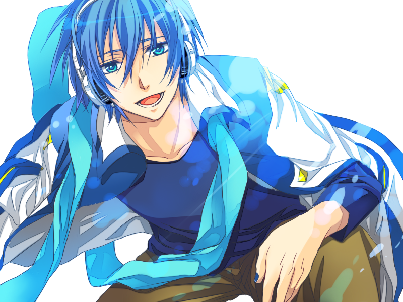 1boy, blue_eyes, blue_hair, blue_scarf, blue_theme, happy, headphones, kaito_(vocaloid)