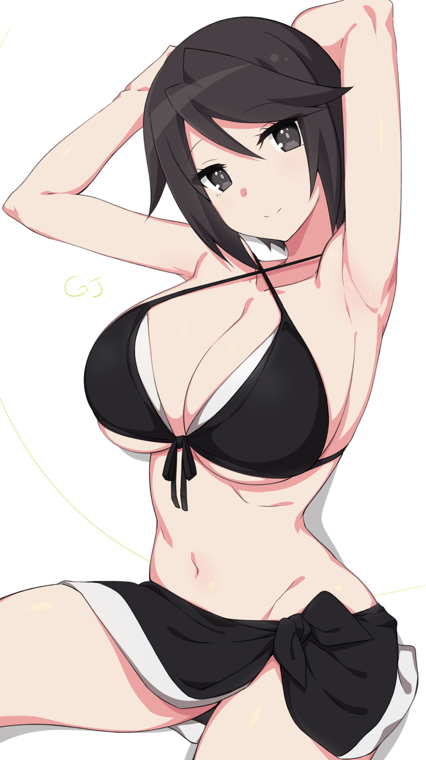 1girl, armpits, arms_up, artworks/89034940, bikini, black_bikini, black_eyes, black_hair