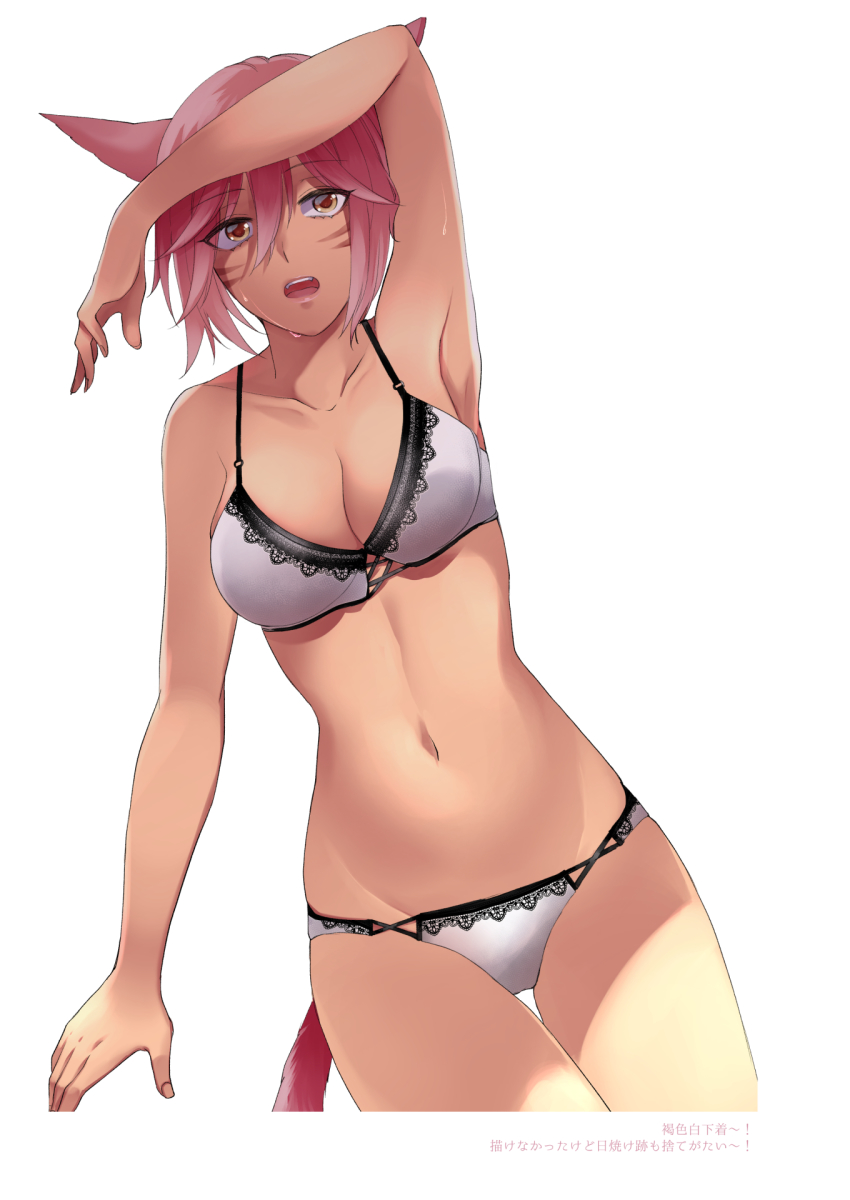 1girl, animal_ears, armpits, bra, breasts, brown_eyes, cat_ears, cat_tail