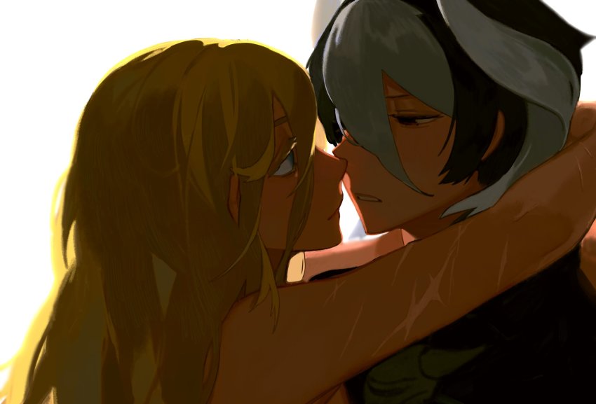 2girls, backlighting, bare_shoulders, black_hair, blonde_hair, blue_eyes, brown_eyes, colored_eyelashes, eye_contact, face-to-face, grey_hair, hair_between_eyes, half-closed_eyes, highres, horns, hug, imminent_kiss, long_hair, looking_at_another, lyza_(made_in_abyss), made_in_abyss, multicolored_hair, multiple_girls, outstretched_arm, outstretched_arms, ozen, portrait, scar, scar_on_arm, shiro_(shirohakura), simple_background, two-tone_hair, white_background, yuri