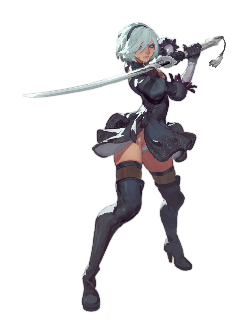1girl, 2b_(nier:automata), black_boots, black_dress, black_gloves, black_hairband, black_thighhighs, blue_eyes, boots, breasts, closed_mouth, dress, elbow_gloves, feather_trim, fl_(l-fl), full_body, gloves, hairband, high_heel_boots, high_heels, highres, holding, holding_sword, holding_weapon, juliet_sleeves, katana, lace_dress, leotard, leotard_under_clothes, long_sleeves, looking_at_viewer, medium_breasts, medium_hair, mole, mole_under_mouth, multicolored_gloves, nier:automata, nier_(series), puffy_sleeves, see-through_clothes, see-through_legwear, side_slit, simple_background, skindentation, solo, swept_bangs, sword, thigh_boots, thighhighs, thighhighs_under_boots, three-quarter_sleeves, two-handed_sword, v-shaped_eyebrows, weapon, white_background, white_gloves, white_hair, white_leotard