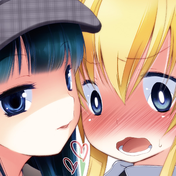 2girls, :o, bemani, black_eyes, black_hair, blonde_hair, blunt_bangs, blush, close-up, gitadora, face-to-face, fujisaki_hikari, hair_between_eyes, hat, heart, kosaka_riyu, looking_at_viewer, looking_away, multiple_girls, plaid_clothes, plaid_headwear, shiraishi_noria, sidelocks, sweatdrop, yuri