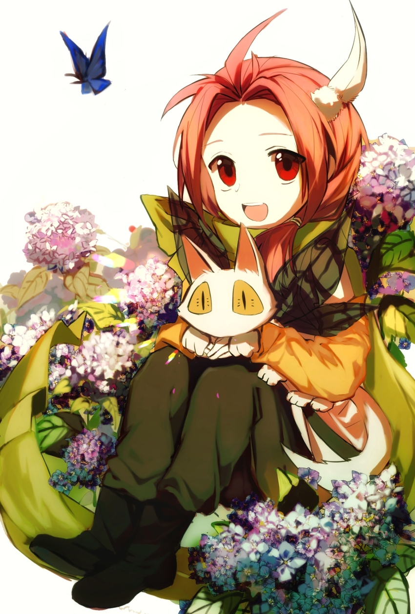 1boy, :d, black_boots, blue_butterfly, boots, bug, butterfly, chinese_commentary