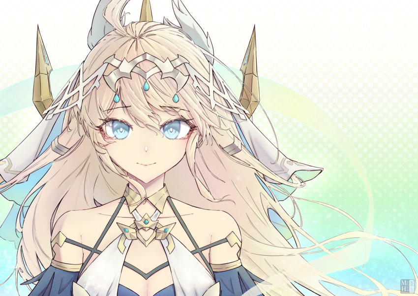 1girl, ahoge, bare_shoulders, blonde_hair, blue_eyes, breasts, cleavage, collarbone