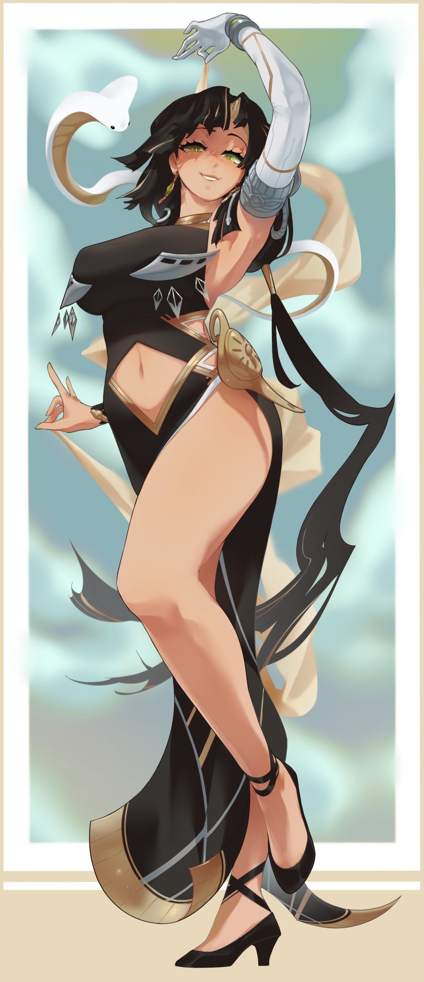 1girl, abstrabby, absurdly_long_hair, absurdres, arm_up, armpits, black_dress, black_hair, blonde_hair, border, breasts, clothing_cutout, commission, dark-skinned_female, dark_skin, dress, earrings, elbow_gloves, full_body, gloves, green_eyes, grin, high_heels, highres, jewelry, large_breasts, long_hair, looking_at_viewer, multicolored_hair, nagare_sara, navel, navel_cutout, oil_lamp, parted_bangs, parted_lips, party_popper_hair_ornament, prism_project, shoes, side_slit, smile, snake, snake_armband, solo, standing, standing_on_one_leg, strappy_heels, very_long_hair, virtual_youtuber, white_gloves