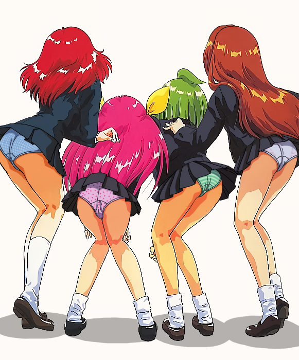 4girls, ai_tenshi_densetsu_wedding_peach, angel_daisy, angel_lily, angel_salvia, ass, back, black_footwear, black_skirt, blazer, blue_panties, brown_footwear, brown_hair, green_hair, green_panties, hanasaki_momoko, hand_on_another's_back, hunched_over, jacket, knees_together_feet_apart, loafers, long_hair, long_sleeves, microskirt, multiple_girls, panties, pink_hair, pink_panties, plaid_clothes, plaid_panties, pleated_skirt, polka_dot, polka_dot_panties, red_hair, scarlet_ohara, school_uniform, shoes, short_hair, simple_background, skirt, standing, striped_clothes, striped_panties, tamano_hinagiku, tanima_yuri, underwear, wedding_peach, white_background, white_panties
