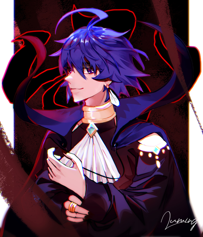 1boy, ahoge, ascot, black_nails, blue_cape, blue_hair, brooch, cape