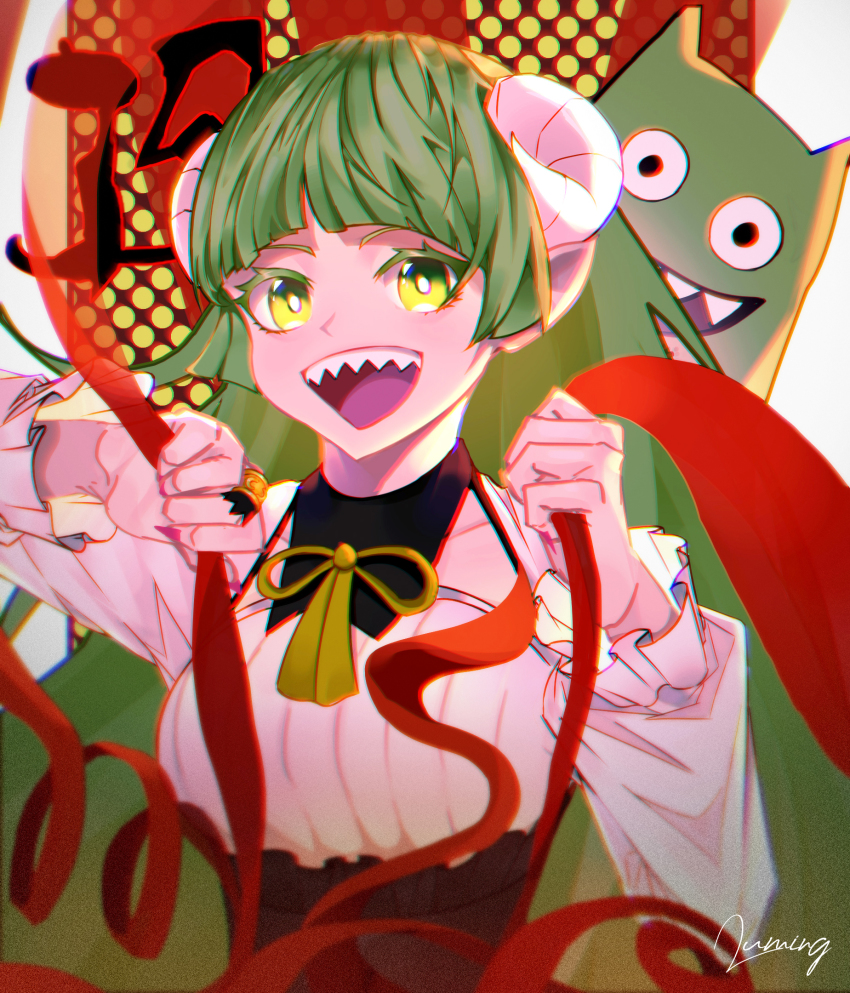 1girl, demon_horns, green_eyes, green_hair, highres, horns, jewelry, long_hair