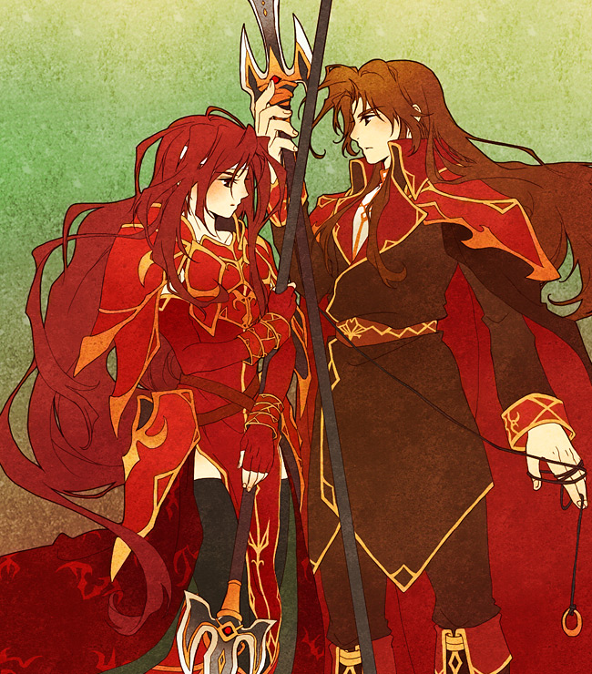 altena_(fire_emblem), arion_(fire_emblem), armor, bad_id, bad_pixiv_id, brown_hair, cape, fire_emblem, fire_emblem:_genealogy_of_the_holy_war, guttary, long_hair, nintendo, polearm, red_hair, spear, tabard, very_long_hair, weapon