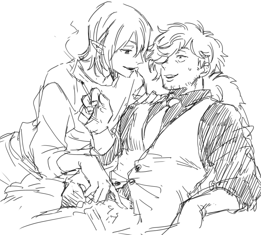 2boys, cigarette, collared_shirt, facial_hair, greyscale, hair_over_one_eye, hand_on_another's_crotch, highres