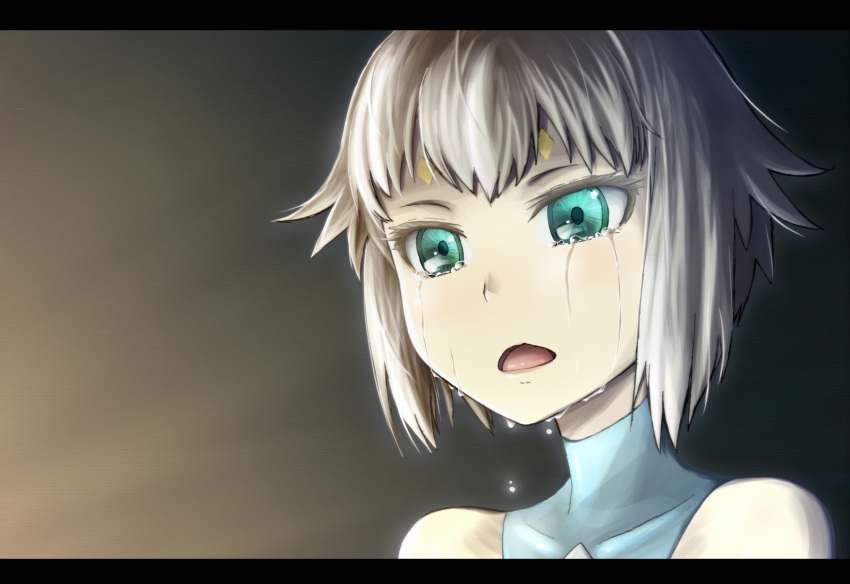00s, android, element_hunters, green_eyes, highres, juno_(element_hunters), letterboxed, short_hair, tears, unyon, white_hair
