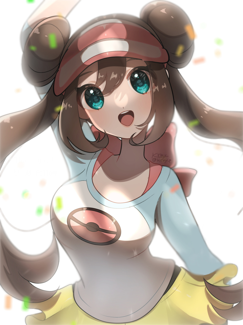 1girl, absurdres, blue_eyes, bow, brown_hair, double_bun, hair_bun, highres, kurumiya_(krmy_p), long_hair, nintendo, pantyhose, pink_bow, pokemon, pokemon_black_2_and_white_2, raglan_sleeves, rosa_(pokemon), short_shorts, shorts, solo, twintails, very_long_hair, visor_cap, yellow_shorts