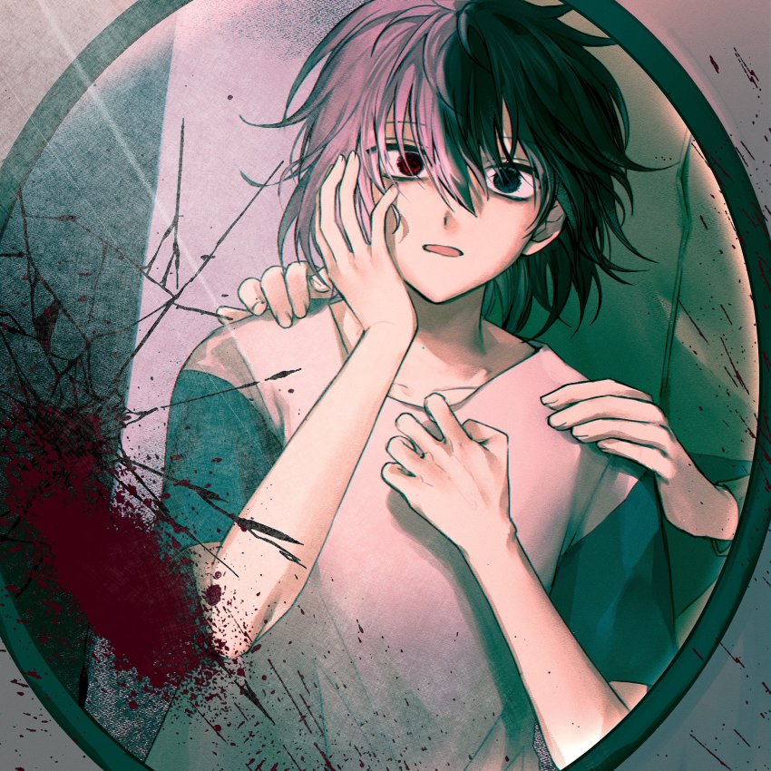 2boys, bad_id, bad_twitter_id, black_hair, blood, blue_eyes, cherry_(sp_gkdla), chromatic_aberration